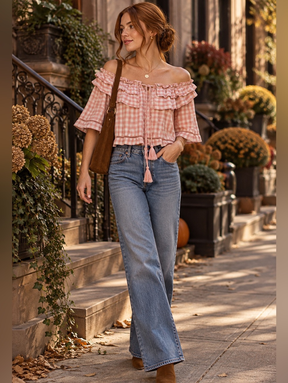 Jack by BB Dakota Pink Gingham Off-the-Shoulder Ruffle Top | Size Small